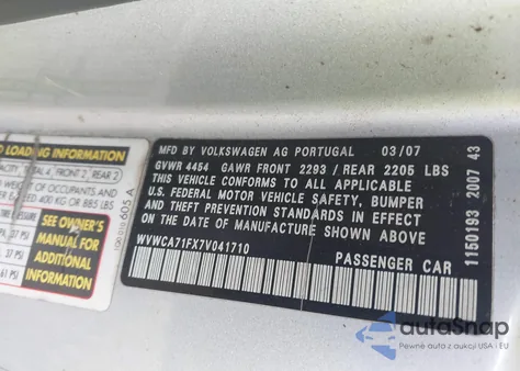 2007 Volkswagen Eos 2.0T from USA, damaged, VIN WVWCA71FX7V041710